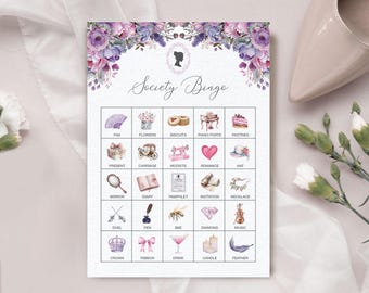 Party Bingo Karten, Pink Lila Floral Society Spiel, Regency Style Printable, Cameo, nicht bearbeitbar 5x7