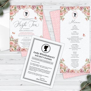 Bundle of 3 Bridgerton High Tea Blush Pink Products, Invitation, Menu, Whistledown Birthday Announcement, Corjl EDITABLE DIGITAL DOWNLOAD