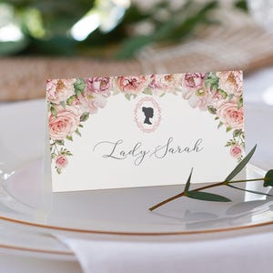 Blush Pink Place Name/Food Card, 2 Sides, Regency Cameo, 3.5 x 2 Corjl Editable Template