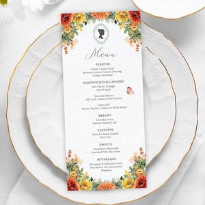 4 x 9 Menu with Bridgerton Style Cameo, Orange, Yellow, Green Flowers, Butterfly, Pretty Green Floral Back, Corjl EDITABLE DIGITAL DOWNLOAD