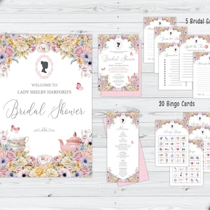 Bundle of 5 Pastel Bridal Shower, Invite, Sign, Menu, 5 Shower Games, Corjl Editable DIGITAL DOWNLOAD, 20 Society Bingo Cards - Not Editable