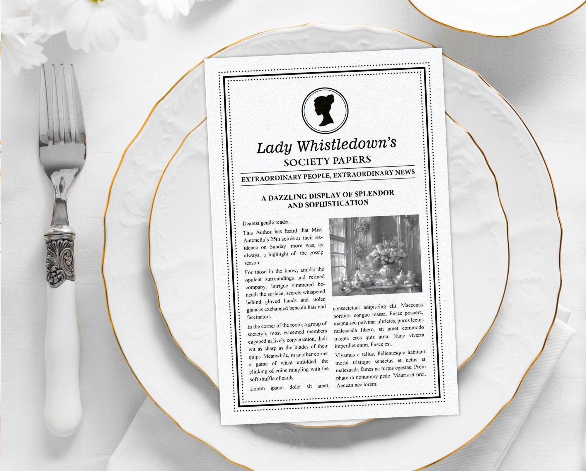 EDITABLE MS WORD File, 8.5 x 11 Folded Lady Whistledown Society Pages, Round Bridgerton Cameo, 4 Pages Add Your Own Text, Digital Download