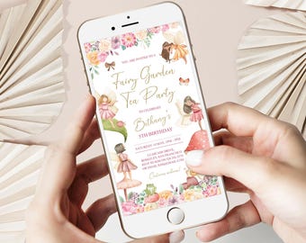Fairy Garden Tea Party Mobile Invitation with Fairies, Toadstool House, Frog, Editable Corjl Template