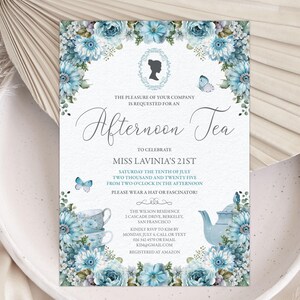 Afternoon Tea Invitation with Bridgerton Style Cameo, Dusty Blue Flowers, Butterflies, Teapot, CORJL EDITABLE DIGITAL Template