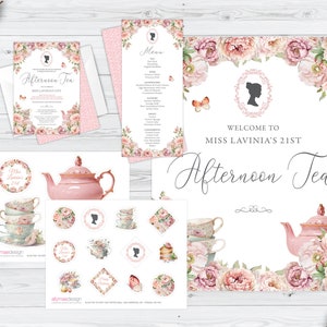 Bundle of 4 Bridgerton Afternoon Tea Blush Pink Products, Cameo, Invite, Menu, Cake Topper, 16 x 20 Sign, Corjl Editable Digital Download