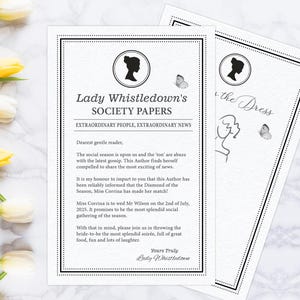 Lady Whistledown Wedding Announce, Folded Leaflet, Bridal Shower Games, 8.5 x 11, Black & White, Cameo, CORJL EDITABLE DIGITAL Template