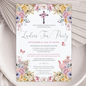 Church Ladies Tea Party Invite: Pastel, Christian Cross, Scripture, 5x7 Corjl Editable Template