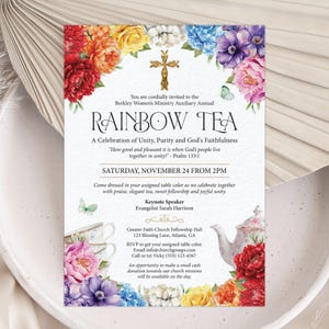 Church Rainbow Tea Invite, Bright Flowers, Gold Christian Cross, Scripture, 5x7 Corjl Editable Template