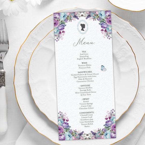 4 x 9 Tea Party Menu with Blue, Lilac Flowers  with Bridgerton Cameo, Pretty Blue Back & Butterflies, Corjl Editable Digital Download