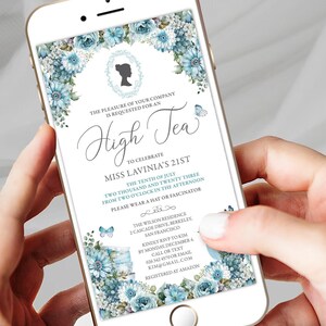 Bridgerton Tea Party Mobile Invitation: Dusty Blue Floral Design (Digital Download)