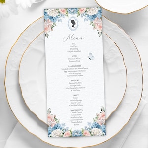 4 x 9 Tea Party Menu with Blue, Pink, White Flowers, Afro Puff Bridgerton Style Cameo with Butterflies, CORJL EDITABLE DIGITAL Template