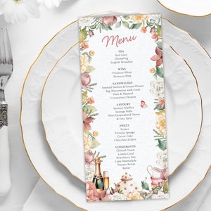 4 x 9 Tea Party Menü mit hübschem Blumenrand, Teekanne, Teetassen, Schmetterling, Champagner, Corjl bearbeitbarer digitaler Download