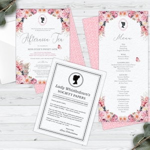 Bundle of 3 Bridgerton Afternoon Tea Pink Flower Rose, Invitation, Menu, Whistledown Birthday Announcement, Corjl Editable Digital Download