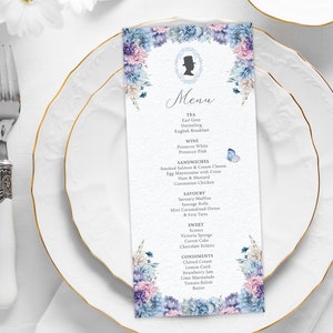 4 x 9 Tea Party Menu, Dusty Blue, Blush Pink & Purple Blumen mit männlicher Bridgerton Cameo und Schmetterlingen, Corjl Bearbeitbarer DIGITALER DOWNLOAD