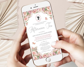 Regency Afternoon Tea Mobile Invite, Blush Pink, Cameo, Teapot, Corjl Editable Template