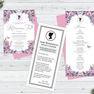 Bundle of 3 Bridgerton Afternoon Tea Pink & Purple, Invitation, Menu, Whistledown Birthday Announcement, Corjl EDITABLE DIGITAL DOWNLOAD