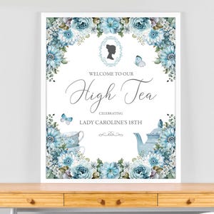 16 x 20 High Tea Welcome Sign with Bridgerton Style Cameo, Dusty Blue Flowers, Teapot, Butterflies, CORJL EDITABLE DIGITAL Template