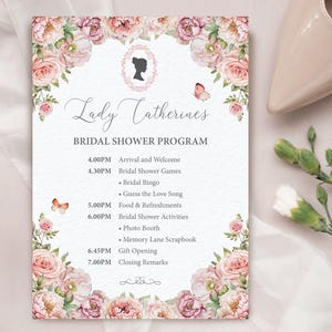 5x7 Regency Bridal Shower Program: Blush Pink Flowers, Cameo, Butterflies, Corjl Editable Template