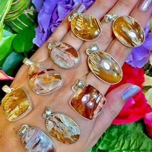 May include: A collection of nine silver pendants with various shades of brown, white, and orange petrified wood. The pendants are displayed on a hand with flowers in the background.