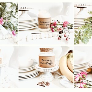May include: A collage of six glass jars with cork lids, each labeled with a different scent: Pink Sugar, Cashmere Vanilla Sugar, Fair Treats, Raspberry Truffle, Banana Nut Muffin, and Sardinia Tabacco. The jars sit on white cake stands, surrounded by plates, flowers, and bananas.
