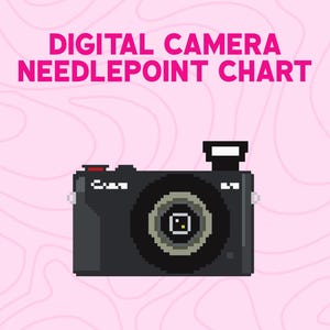 May include: A digital camera needlepoint chart is displayed against a pink background with a wavy pattern. The black camera has a flash, lens, and buttons. The text "DIGITAL CAMERA NEEDLEPOINT CHART" is in pink.