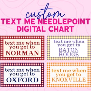 Puede incluir: Un gráfico digital de punto de cruz con el texto "TEXT ME NEEDLEPOINT DIGITAL CHART". La imagen presenta cuatro diseños rectangulares con bordes de cuadros y las frases "text me when you get to NORMAN", "text me when you get to BATON ROUGE", "text me when you get to OXFORD" y "text me when you get to KNOXVILLE".