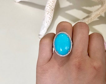 スリーピングビューティー ターコイズリング：ダイヤモンドハロー、18Kホワイトゴールドソリティア