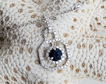 18K White Gold Blue Sapphire & Natural Diamond Double Halo Pendant