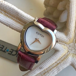 Burgundy Magenta Red Genuine Leather Strap Water Resistant Heart Shaped Case Womens Watch