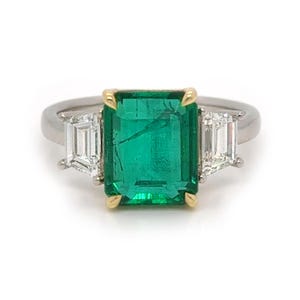 Natural 3.46ct Emerald with Natural 0.82ctw Diamonds Trapezoids 18KYG and Platinum Ring size 6.5