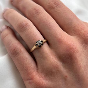 14k matte yellow gold antique ring with a single belcher set Old Minor Cut diamond