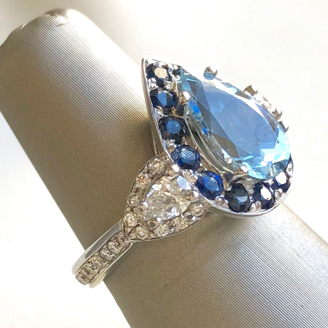 Aquamarine Sapphire Halo and Diamond Accent Engagement Ring on - Etsy