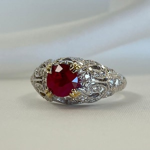 Vintage 0.97ct Round Ruby Ring with 0.50ctw Diamonds in 18k Two-Tone Gold