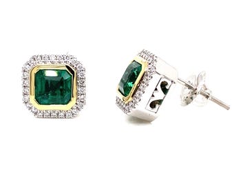 Natural 1.77ctw Emeralds & Natural 0.18ctw Diamonds 18k 2tone gold Stud Earrings