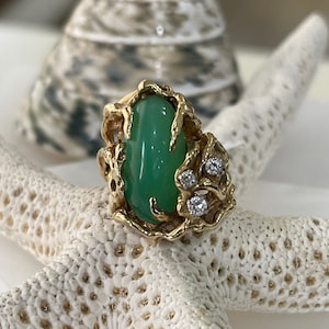 Retro Style Jadeite Ring with 20mm x 9mm Cabochon Jade with Natural Diamonds
