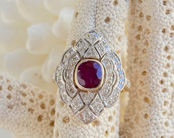 Vintage Estate Red Ruby Center Stone Diamonds In 18K White & Yellow Gold Dinner Ring