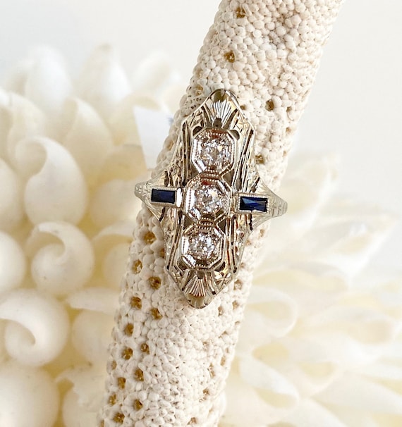 Antique 3 stone Diamond & Sapphire Dinner Ring in 