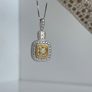 0.53 ct Fancy Yellow Cushion & 0.90ct diamonds 18k white and yellow gold necklace