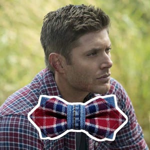 May include: A red, white, and blue plaid bow tie with a denim center. The bow tie is set against a background of a person wearing a red and blue plaid shirt.