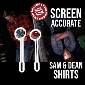 SUPERNATURAL BABY EP Lapel Pins (Silver tone) made from screen accurate Sam and Dean Winchester Shirts.