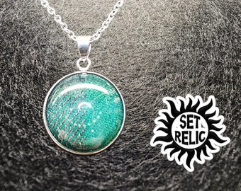 SUPERNATURAL Set Relic "Two Halves"  Gray Green Stainless necklace. 20mm stone.  Made from a Sam Winchester 99% sure Screen Used Shirt