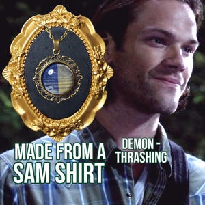 Supernatural NECKLACE made from a Screen Accurate Sam Winchester "Demon Thrashing" plaid. Green and Blue on fancy bronze.