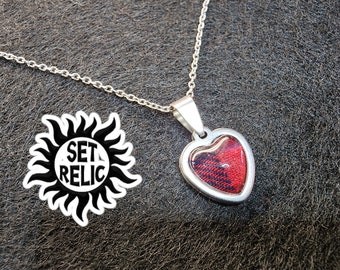 SUPERNATURAL SET RELIC stainless necklace Made from a Dean Winchester Shirt From Set. "Half Hearted"