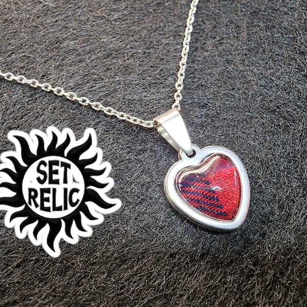 SUPERNATURAL SET RELIC stainless necklace Made from a Dean Winchester Shirt From Set. "Half Hearted"