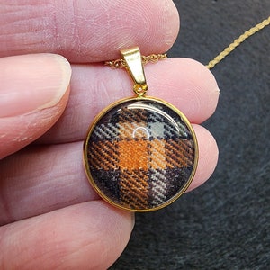 SPN Necklace &quot;Orange Crossroads&quot; Gold Stainless made from Screen Accurate Dean Winchester &quot;Equally Pretty,&quot; fabric. Handmade. 20mm.