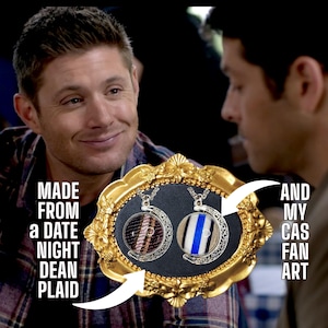 Supernatural DATE NIGHT NECKLACE, double-sided, silver-tone. Made from Screen Accurate Dean Winchester Bi Pride plaid and my Castiel design.