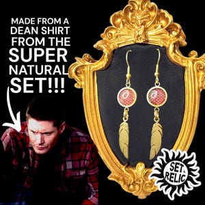 Supernatural Dean SET RELIC SHIRT Earrings “Hunter & Angel” Made From Dean’s Red Plaid. 1Omm Gold Stainless