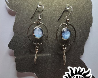 Misha Collins FAVE RELIC, Silver tone halo and feather earrings made from Misha Collins' Personal Shirt Charity Auction Blue Plaid 10mm