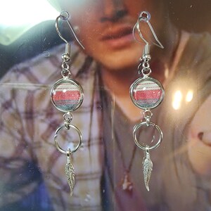 Supernatural LAZARUS RISING Halo and Feather Earrings made from RARE Screen Accurate Sam & Dean Winchester Plaid. image 3