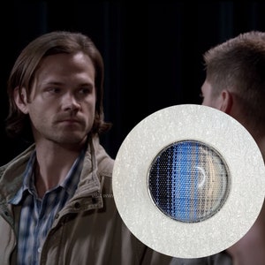 Supernatural PIN &quot;Fanfiction&quot; made from Sam Winchester&#39;s Fan Fiction plaid Screen Accurate shirt. 16MM